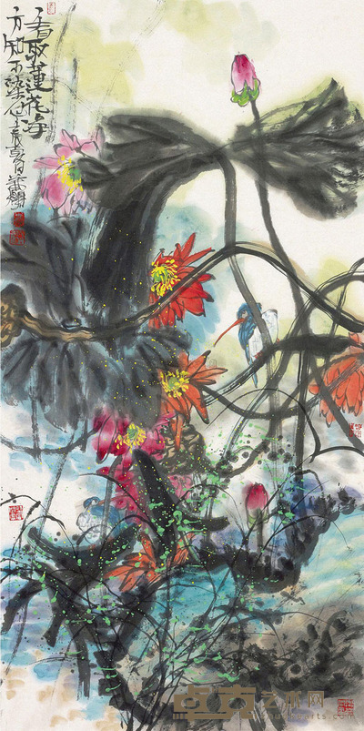 叶烂 荷花水鸟 镜心 137×69.5cm