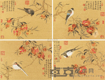 柳学健 石榴 日本镜片 40×31cm×4