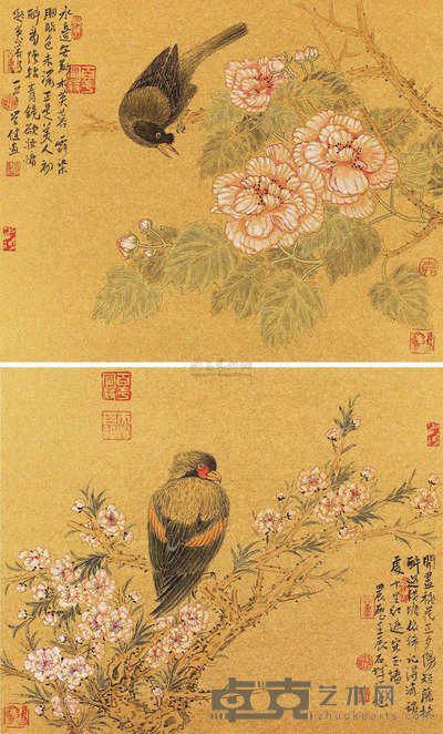 柳学健 桃花芙蓉 日本镜片 45.5×37.5cm×2