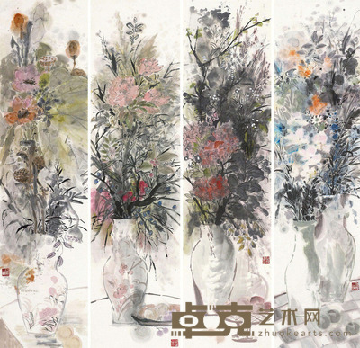 莫雄 花卉 镜片 四屏 34×136cm×4