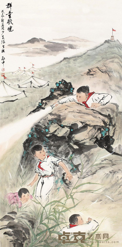 伍启中 1988年作 群童戏晚 立轴 135×68cm