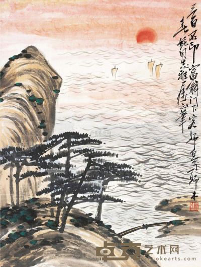 娄师白 山水红日 镜片 66×48.5cm