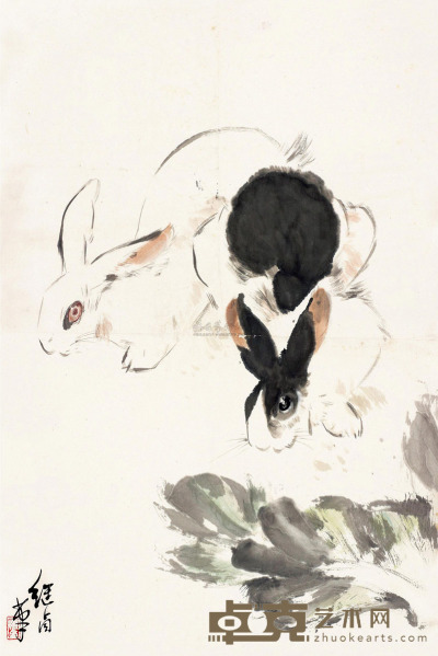 刘继卣 双兔图 镜片 70×47cm