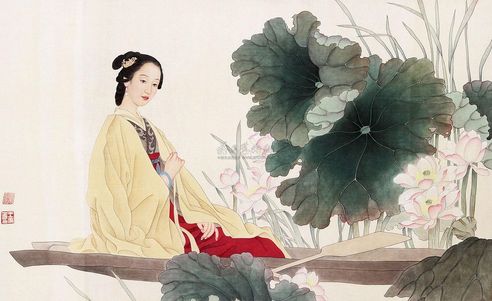 王美芳 赵国经 荷塘仕女 镜框