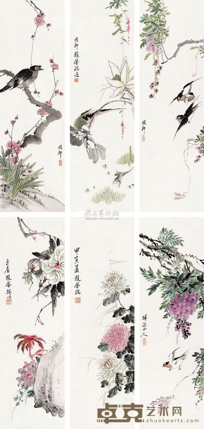 赵凤瑞 花鸟 六屏镜片 82×25cm×6