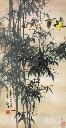 蔡大雄 己丑（1985）年作 竹林小鸟 立轴