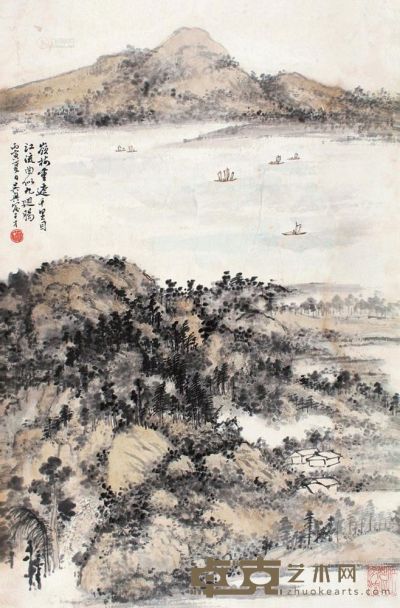 俞子才 丙寅（1986）年作 山水 立轴 68×44.5cm