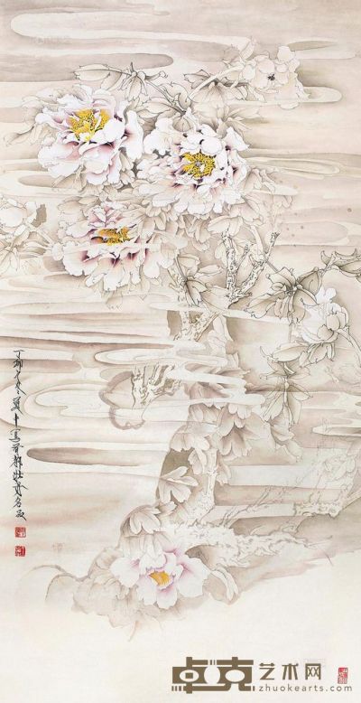 王道中 丁卯（1987）年作 牡丹 镜片 129×66cm