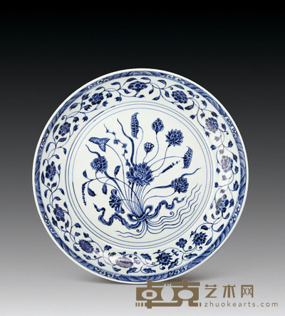 宣德青花一束莲纹盘 直径：38.6cm 高：6.8cm