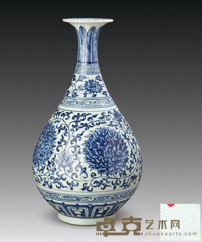 青花牡丹纹缠枝冼口玉壶春瓶 上口径：9.2cm 下口径：11.2cm 高：37.4cm