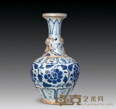 青花花卉狮耳瓶 高：46cm