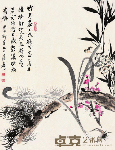 张大千松竹梅兰作品 ：120cm 宽：45cm
