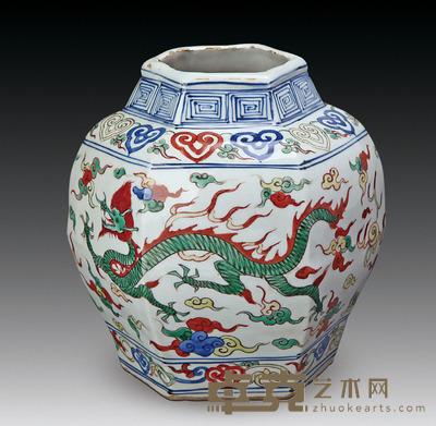 万历五彩六棱龙纹罐 上口径：7.5cm下口径：10.3cm