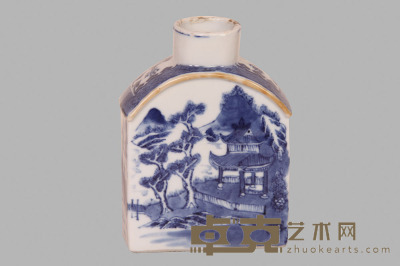 青花山水人物纹茶叶罐 高：11.2cm