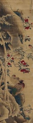 王维烈 万历甲寅（1614年）作 山茶双雉 立轴