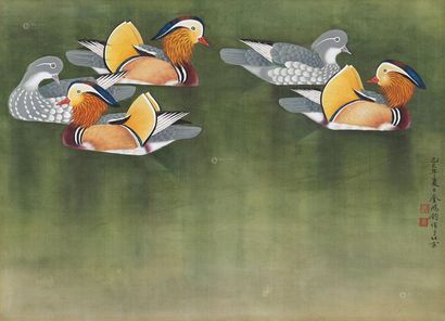 金鸿钧 己巳（1989年）作 鸳鸯戏水 镜框