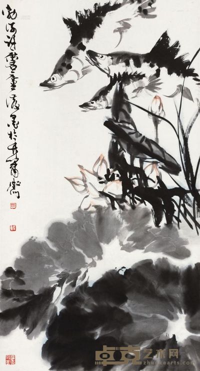 许麟庐 荷花桂鱼 立轴 90×48cm