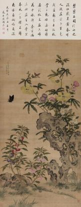 马荃 戊午（1738年）作 湖石花卉 镜心