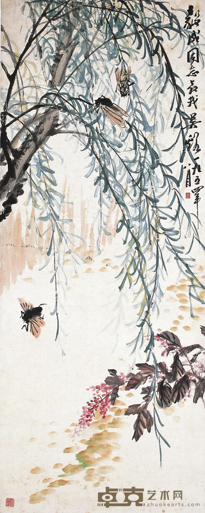 吴茀之 柳阴虫语 134×42cm