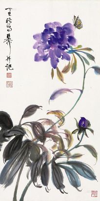 谢稚柳 丁巳（1977年）作 花蝶 立轴