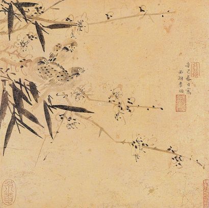 李因 辛巳（1641年）作 梅雀图 斗方