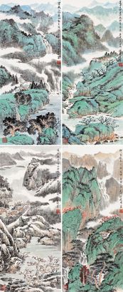 徐建明 庚寅（2010年）作 四季山水 立轴四屏