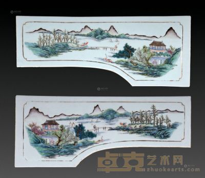 清 粉彩山水瓷板 （二件） 45×18cm