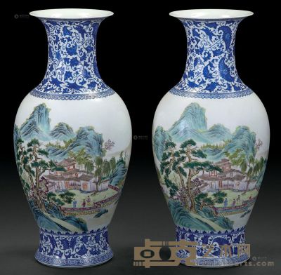 民国 蓝釉花卉粉彩山水观音瓶 （二件） 高41cm