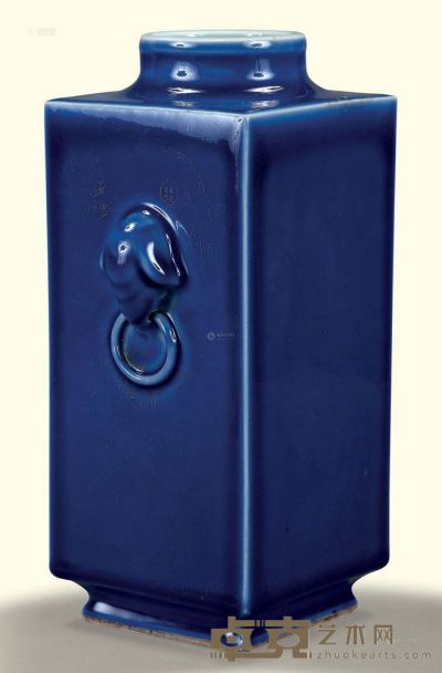 清 霁蓝釉描金象耳方瓶 高26cm