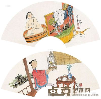 胡永凯 人物扇面 （两帧） 镜片 24×68cm×2