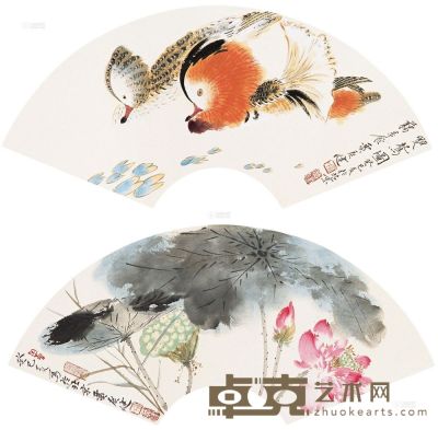 贾广健 2013年作 荷花鸳鸯扇面 （两帧） 扇片 22×60cm×2