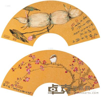 贾广健 2013年作 花鸟扇面 （两帧） 镜片 20×60cm