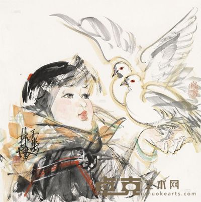 林墉 1986年作 飞吧!鸽子 镜片 66×65cm