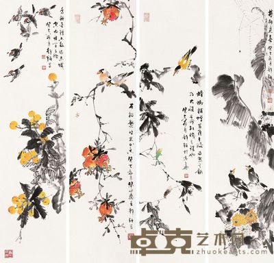 郭强 2013年作 花鸟 四屏镜片 137×34cm×4