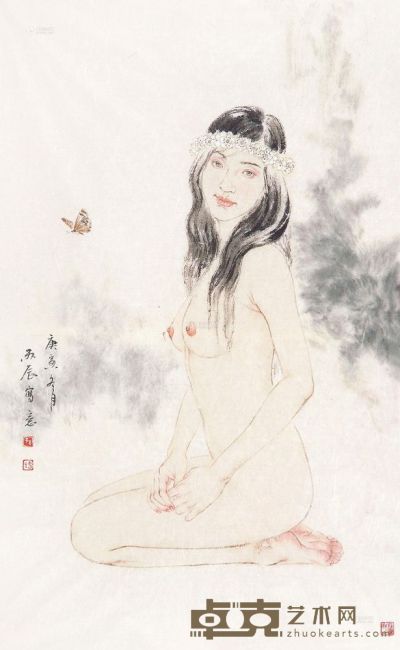 孙震生 2010年作 花香引蝶 镜片 97×60cm