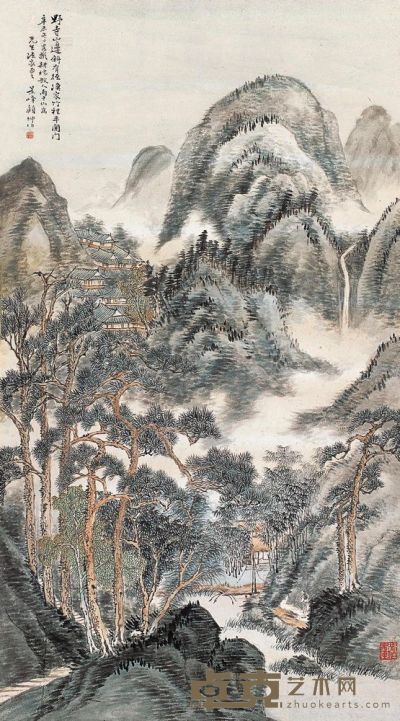 顾坤伯 辛未（1931年）作 雨中山色 镜片 148.5×84.5cm