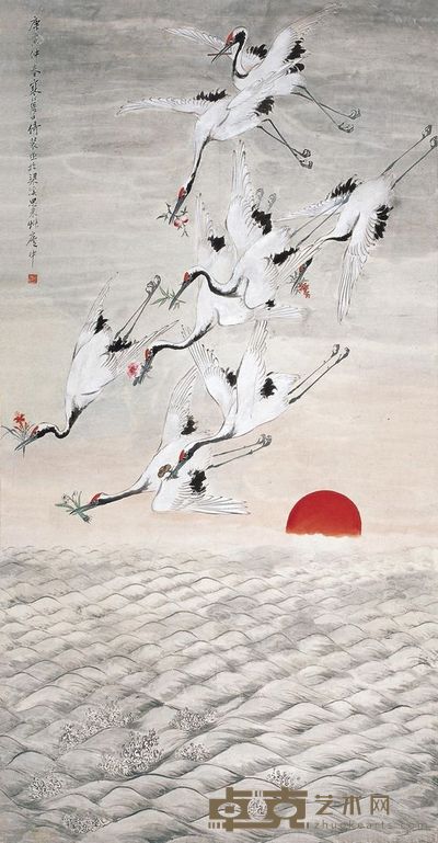 江寒汀 庚寅(1950年)作 旭日东升 八方来客 立轴 130×67.5cm
