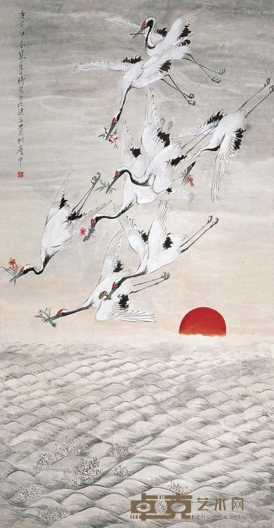 江寒汀 庚寅（1950年）作 旭日东升 八方来客 立轴 130×67.5cm