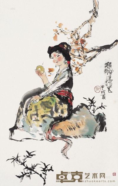 程十发 甲戌(1994年)作 绿苔闲坐 镜片 68×44.5cm