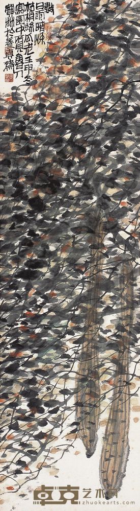 姜宝林 壬申（1992年）作 丝瓜图 立轴 152×42cm