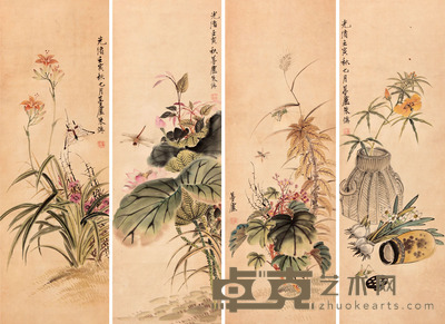 朱梦庐 花卉草虫四屏立轴 67×22×4