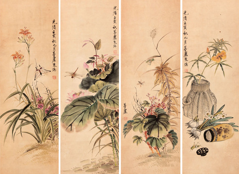 朱梦庐 花卉草虫四屏立轴