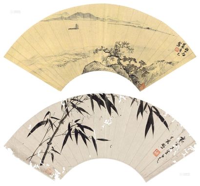 李研山 扬帆图 墨竹图 扇面 （二开）