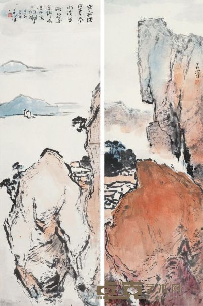 杨善深 1988年作 山水 对屏镜心 68×22.5cm×2