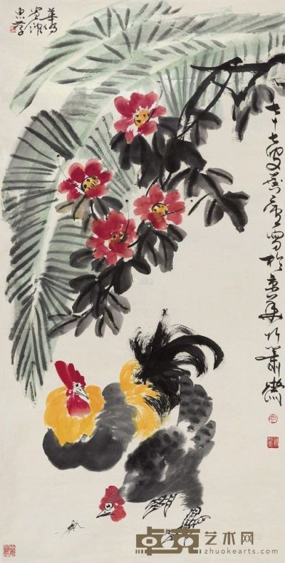 许麟庐 1992年作 花鸟 立轴 180×91cm