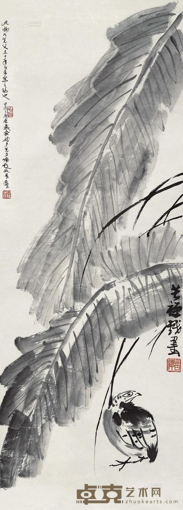 李苦禅 芭蕉鹌鹑 立轴 87.5×32cm
