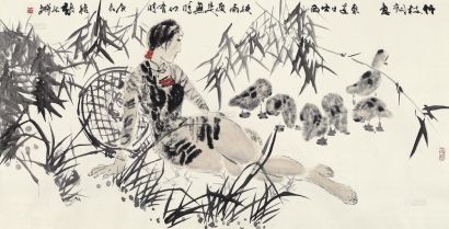 张绍城 庚辰（2000年）作 饲鸭少女 镜心