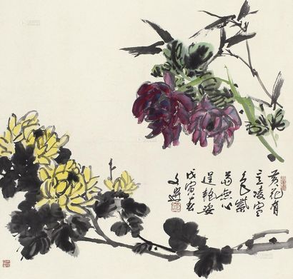 汤文选 戊寅（1998年）作 黄花紫菊逞艳姿 镜心