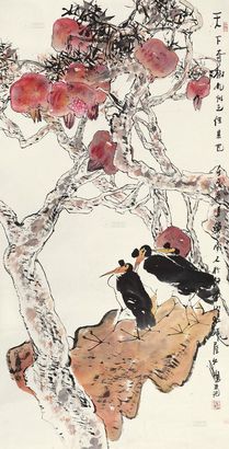 江文湛 壬午（2002年）作 石榴雀聚 镜心