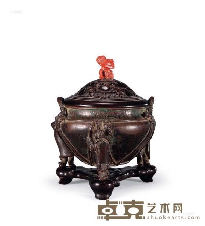 清中期 铜鱼篓形童子三足炉 高17cm